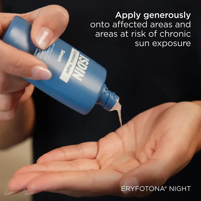 ISDIN Eryfotona Night serum being dispensed into a hand, with application guidance text