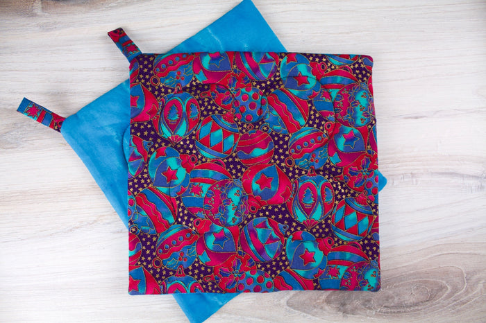 Jeweled Ornaments Potholder-The Blue Peony-Category_Pot Holder,Color_Purple,Color_Teal,Department_Kitchen,Size_Traditional (Square),Theme_Christmas