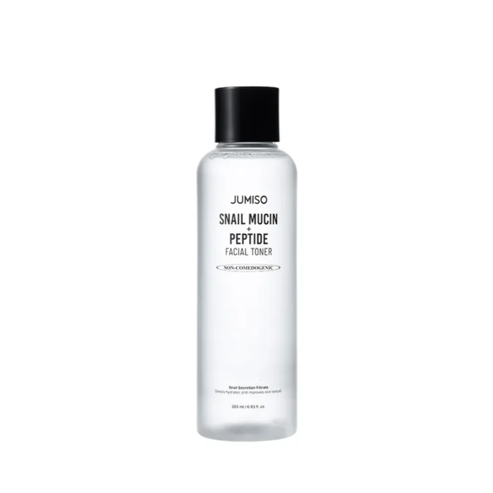 JUMISO Snail Mucin + Peptide Facial Toner is a hydrating and smoothing toner designed to refresh the skin while supporting elasticity and barrier care. Formulated with Snail Secretion Filtrate, Peptides, Panthenol, Allantoin, Hyaluronic Acid, Centella Asiatica Extract, Heartleaf Extract, and gentle exfoliating ingredients like Gluconolactone and fruit extracts, it helps moisturize, soothe, and refine the look of uneven texture. The lightweight formula leaves skin feeling soft, plump, and balance