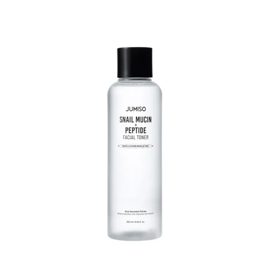 JUMISO Snail Mucin + Peptide Facial Toner is a hydrating and smoothing toner designed to refresh the skin while supporting elasticity and barrier care. Formulated with Snail Secretion Filtrate, Peptides, Panthenol, Allantoin, Hyaluronic Acid, Centella Asiatica Extract, Heartleaf Extract, and gentle exfoliating ingredients like Gluconolactone and fruit extracts, it helps moisturize, soothe, and refine the look of uneven texture. The lightweight formula leaves skin feeling soft, plump, and balance