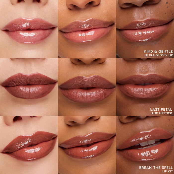 Lips showcase nude-rose tones in a 3x3 grid, swatched on multiple skin tones to show glossy and satin finishes, highlighting ColourPop Kind at Heart Lip & Cheek Set pigmentation and shine in studio lighting.