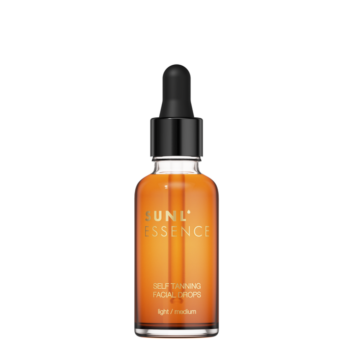 Kropelki samoopalające Onyx Sunl’essence w szklanej buteleczce z pipetą. Produkt do twarzy zapewnia naturalny efekt opalenizny bez smug.