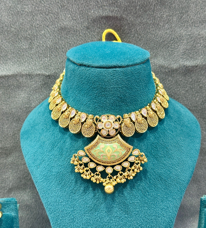 Kundan Meenakari Necklace Set with Fan Pendant & Ghungroo Drops NS00015