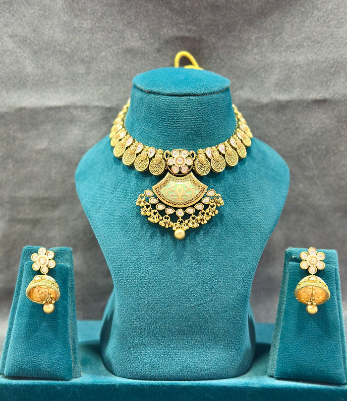 Kundan Meenakari Necklace Set with Fan Pendant & Ghungroo Drops NS00015