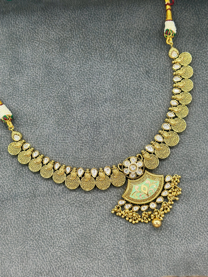 Kundan Meenakari Necklace Set with Fan Pendant & Ghungroo Drops NS00015