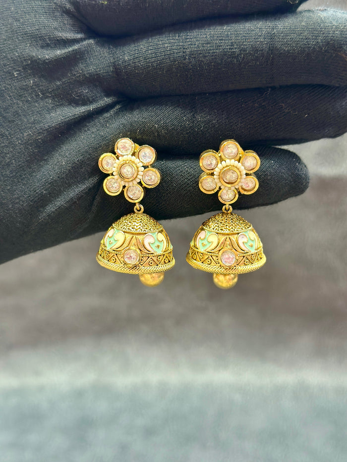 Kundan Meenakari Necklace Set with Fan Pendant & Ghungroo Drops NS00015
