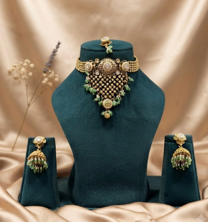 Kundan Pearl Choker Necklace Set with Mint Green Drops NS00020
