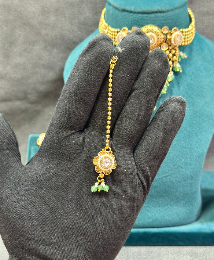 Kundan Pearl Choker Necklace Set with Mint Green Drops NS00020