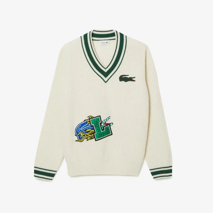 Lacoste Men's Comic Badge Striped V-Neck Sweater white