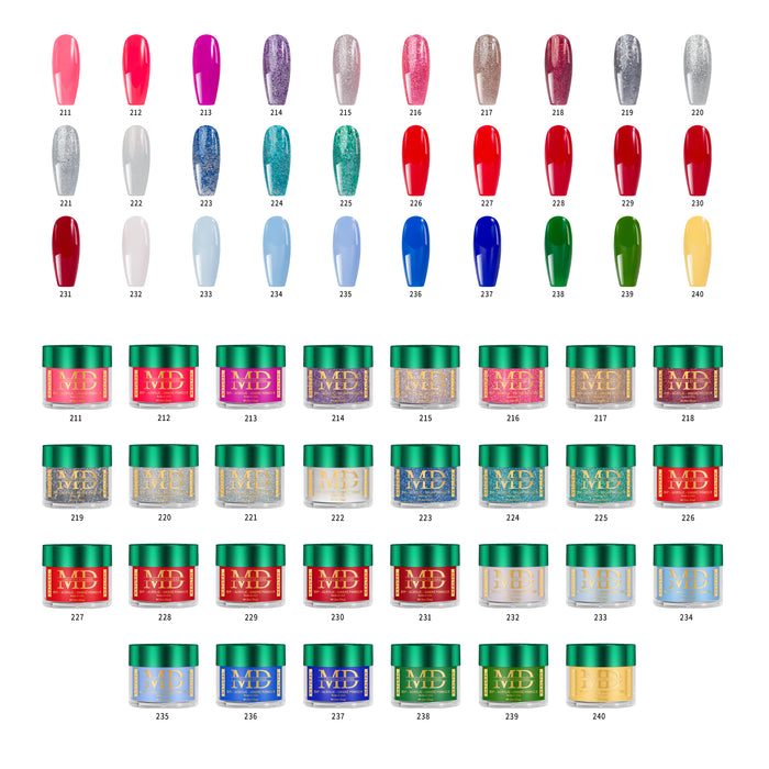Collection of nail colors with corresponding jars on a white background