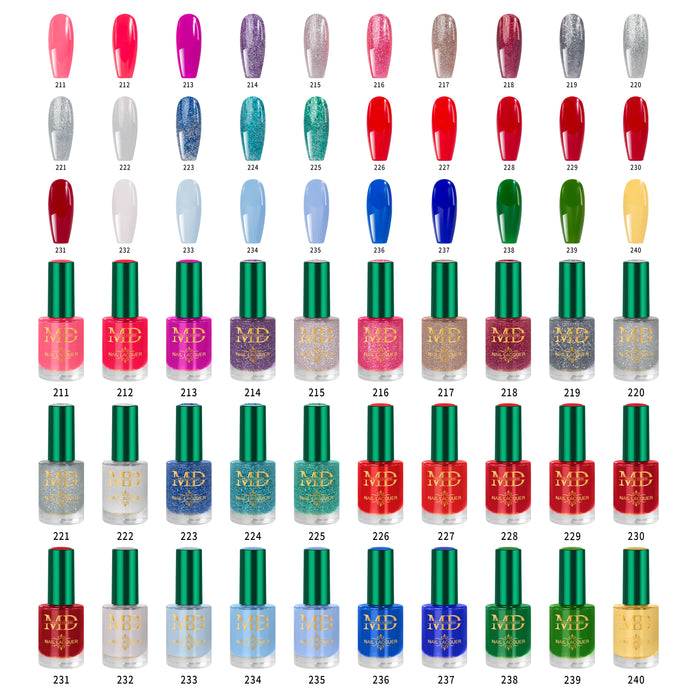 Collection of nail polish bottles with various colors and a brand logo.