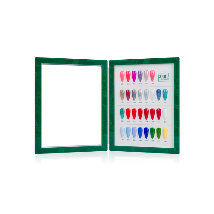Green nail tip color swatch book with a variety of nail color swatches on a white background