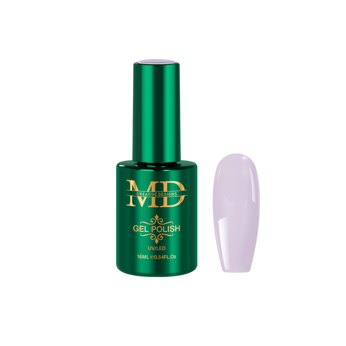Green gel polish bottle with a lilac nail tip color swatch on a white background