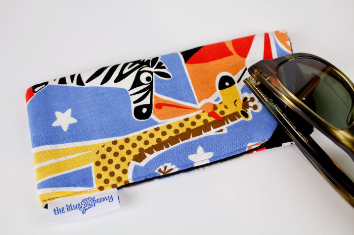 Life's a Circus Glasses Case-The Blue Peony-Animal_Elephant,Animal_Giraffe,Animal_Zebra,Category_Glasses Case,Color_Blue,Color_Orange,Color_Red,Department_Personal Accessory,Theme_Animal