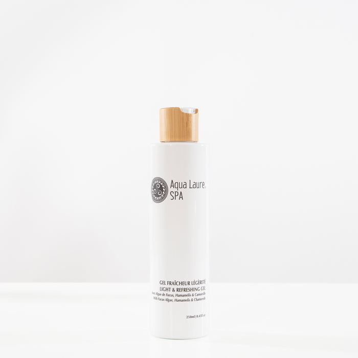 Aqua Laure SPA Light & Refreshing Gel with Fucus Algae, Hamamelis & Chamomile in a white bottle with bamboo cap, 250ml