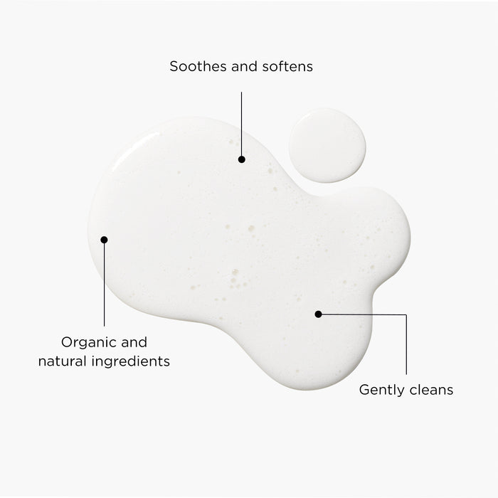 White creamy liquid texture swatch with labels highlighting benefits: organic and natural ingredients, soothes and softens, and gently cleans.