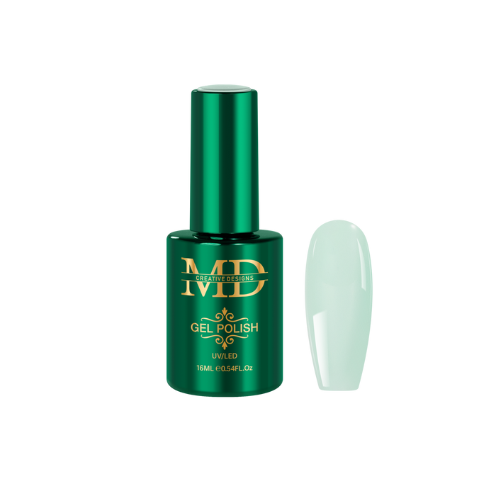 Green gel polish bottle with a nail tip color swatch on a white background