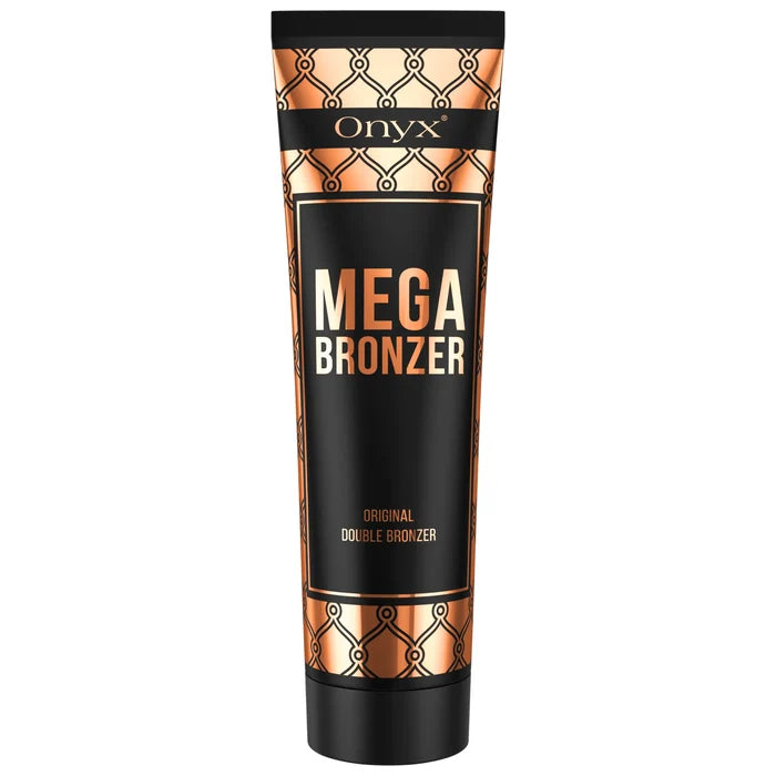 uba balsamu brązującego Onyx Mega Bronzer ustawiona pionowo na białym tle, czarne i miedziane opakowanie z eleganckim wzorem prezentuje kosmetyk do intensywnej opalenizny