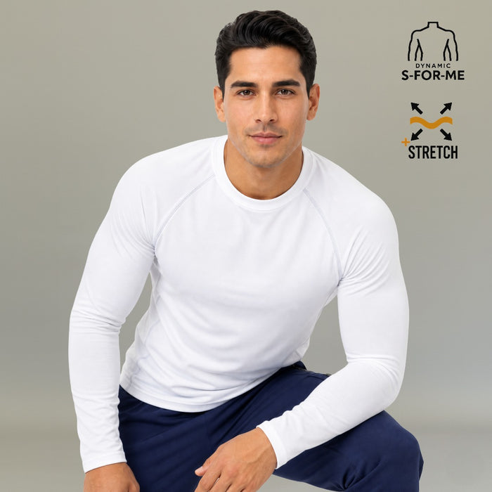 Men's white long sleeve underscrub Super Stretch seated pose showing slim athletic fit — S-FOR-ME healthcare base layer