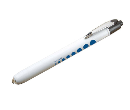 A white pen with dark blue circular accents rests on a plain white background.