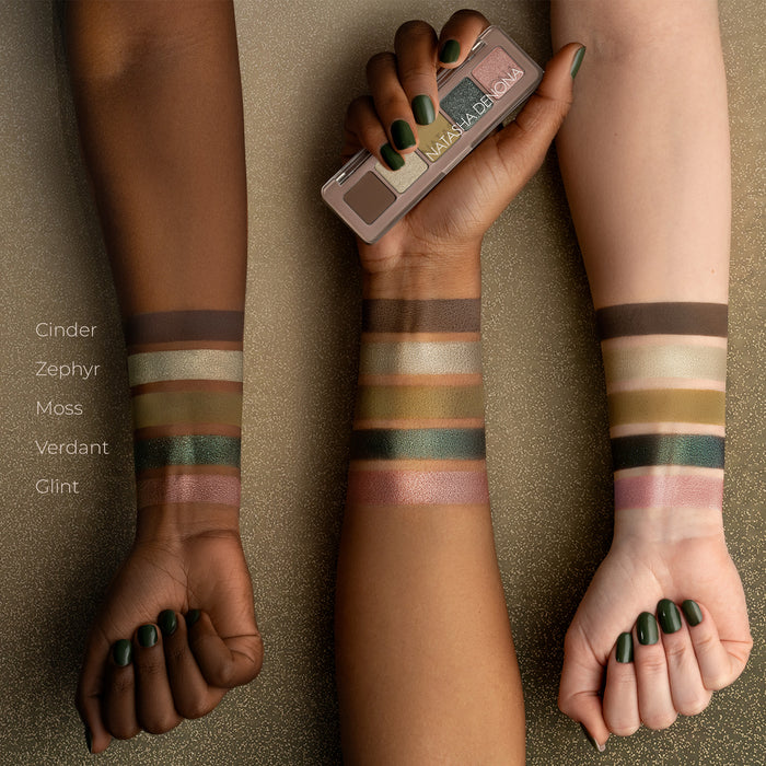 Mini Gloom Palette arm swatches on different skin tones.
