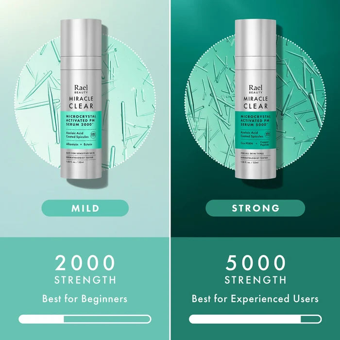 Two bottles of Rael Microcrystal Activated PM Serum on a green and blue gradient background with strength labels.