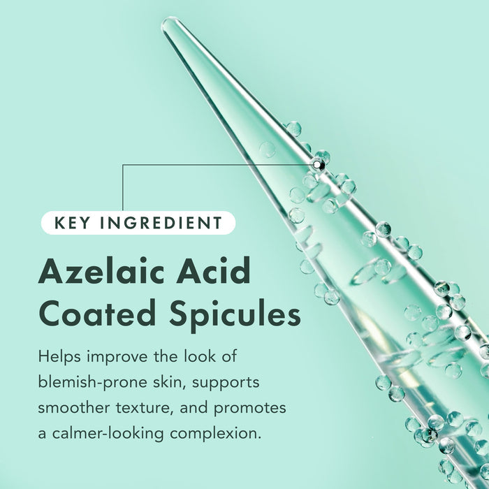 Cosmetic product with azelaic acid coated spicules on a light green background