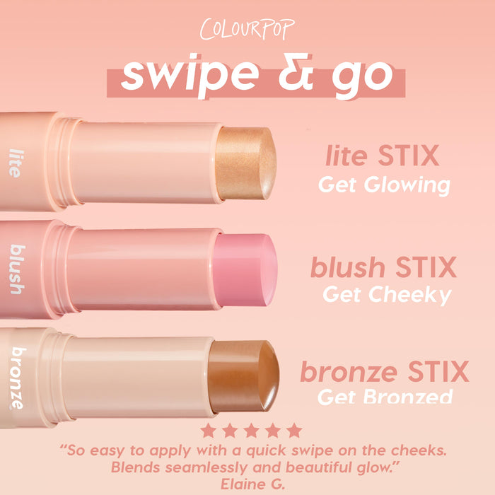 Molten Hot ColourPop Lite Stix highlighter shown uncapped in a twist-up tube with warm champagne-gold shimmer, ready to swipe; set on a peach gradient beside blush and bronze Stix for a quick, on-the-go glow.