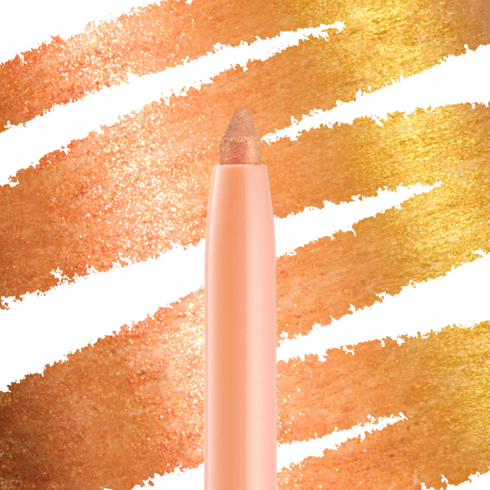 ColourPop Chrome Crème Gel Liner in Movie Star, pencil tip poised against bold multi-chrome swatch streaks shifting gold to copper peach, showcasing creamy sparkle payoff and a peach retractable barrel.