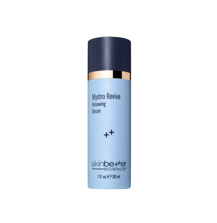 Skincare serum bottle labeled 'Mystro Revive Renewing Serum' by 'skinbetter science' on a white background.
