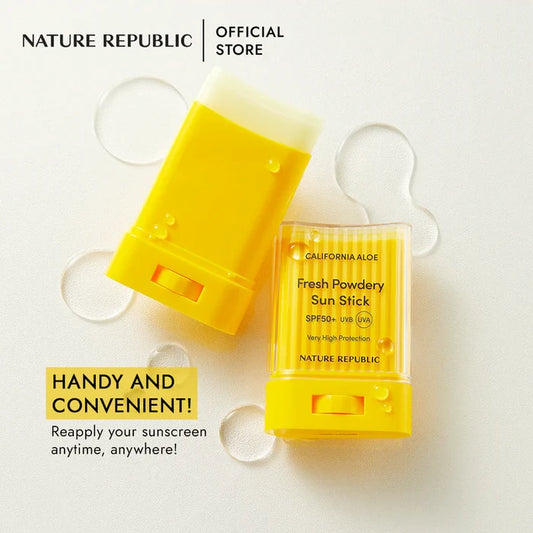 NARURE REPUBLIC California Aloe Fresh Powdery Sun Stick Spf50+UVB UVA Very High Protection  واقي الشمس الستيك من نيجر ريببلك