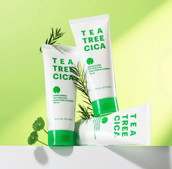 NATURE REPUBLIC Tea Tree Cica Acne Foam Cleanser Green Derma Moisture Soothing Care For Sensitive Skin غسول البشرة الحساسة بالشاي الاخضر والسيكا
