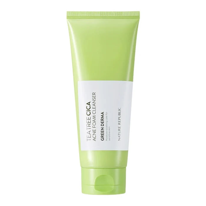 NATURE REPUBLIC Tea Tree Cica Acne Foam Cleanser Green Derma Moisture Soothing Care For Sensitive Skin غسول البشرة الحساسة بالشاي الاخضر والسيكا