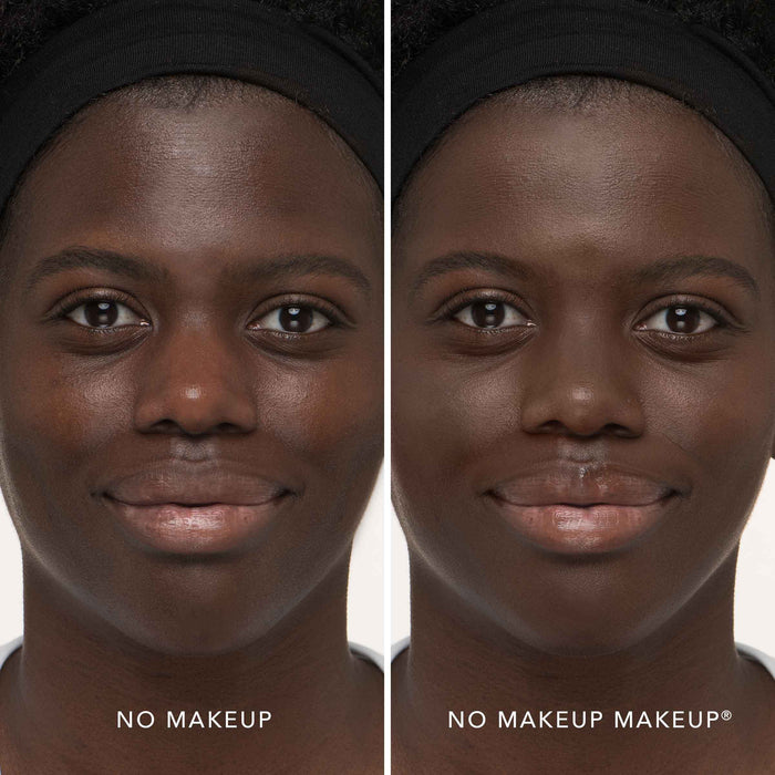 An image of a woman before and after applying FlexShade Foundation by No Makeup Makeup in Deep