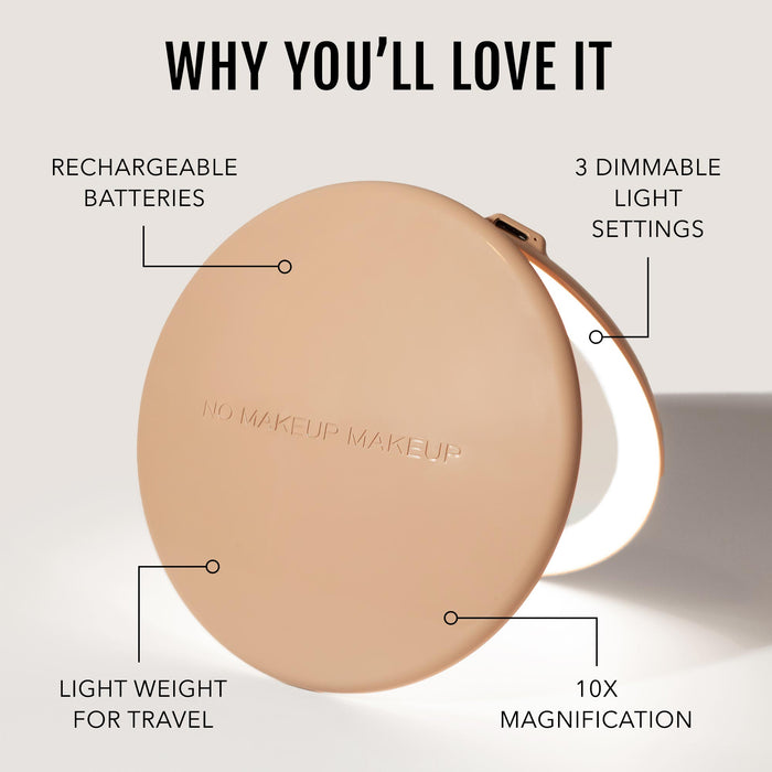 No Makeup Makeup mirror compact with features highlighted on a light background