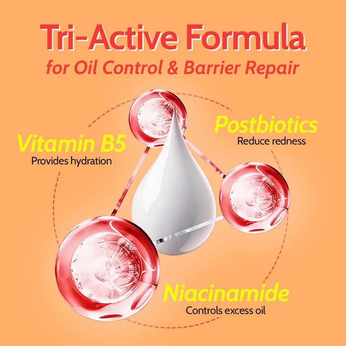 Cosmetic product with Tri-Active Formula for oil control and barrier repair on an orange background.