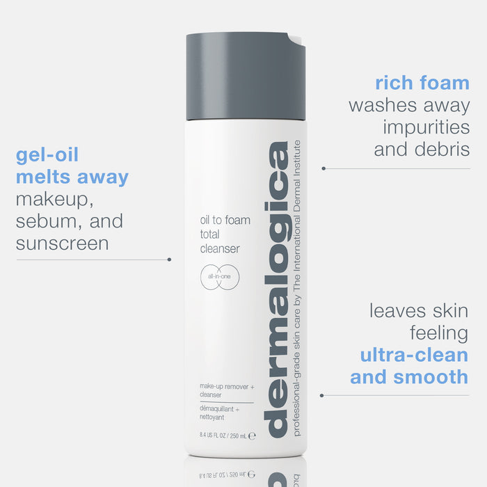 Dermalogica oil to foam cleanser bottle with text highlighting product features on a white background