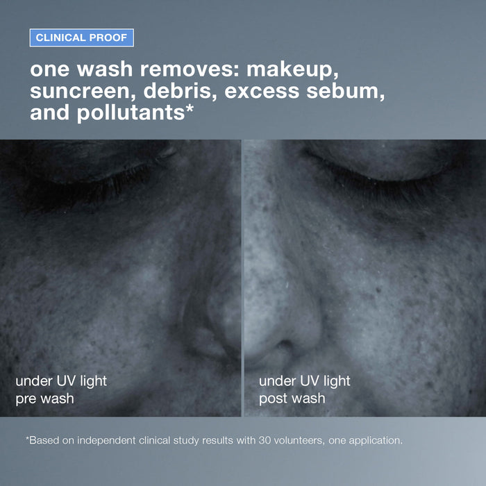 Before and after UV light images of skin with text about a wash removing makeup, sunscreen, debris, and pollutants.