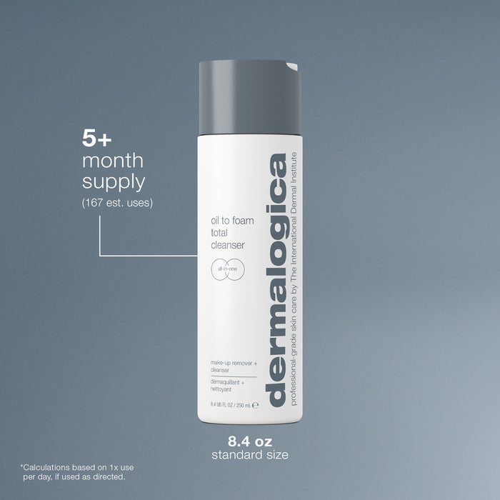 Dermalogica oil to foam cleanser bottle with text on a gray background. 5+ month supply and estimated 167 uses.