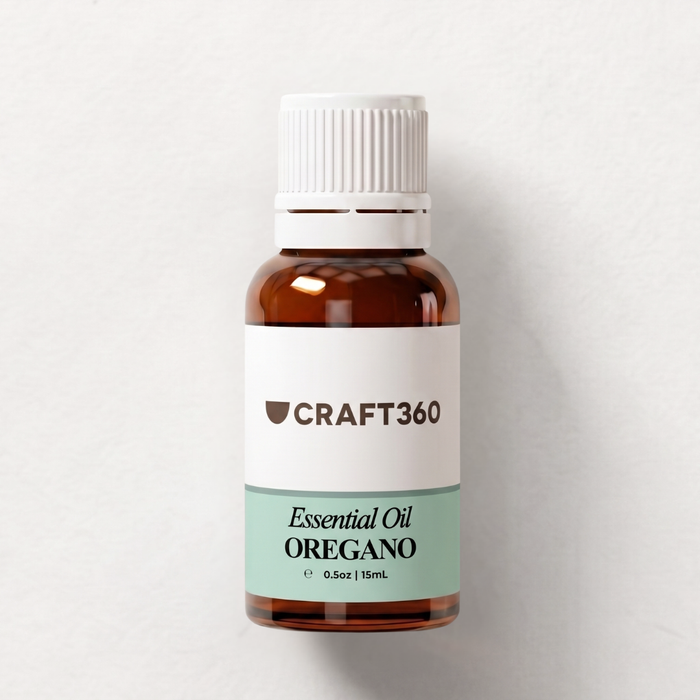 Bottle of Craft360 Oregano essential oil on a white background