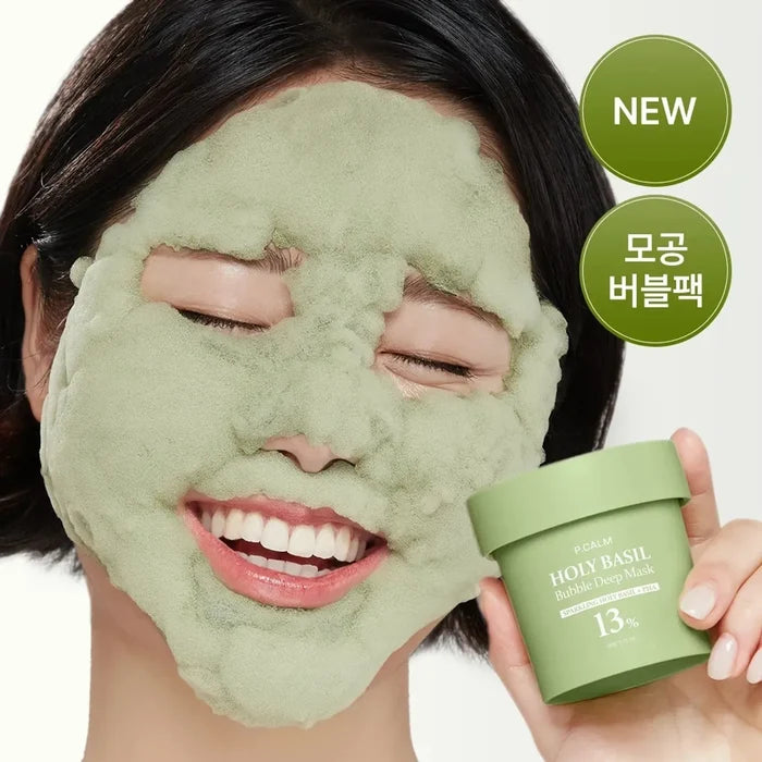 P CALM  Holy Basil Bubble Deep Mask 13% Sparkling Holy Basil + PHA قناع الفقاعات للتنظيف العميق من بي كالم