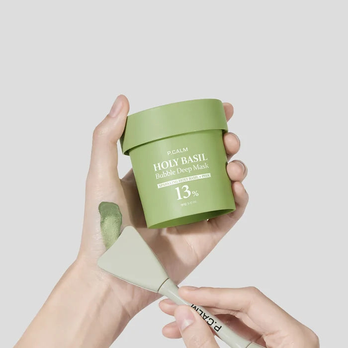 P CALM  Holy Basil Bubble Deep Mask 13% Sparkling Holy Basil + PHA قناع الفقاعات للتنظيف العميق من بي كالم