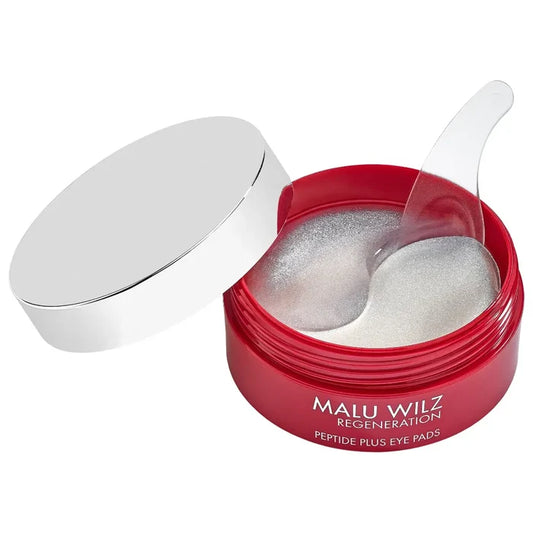 MALU WILZ Peptide Plus Eye Pads: Silberne Augenpads in roter Dose mit Spatel für eine regenerierende Augenpflege.