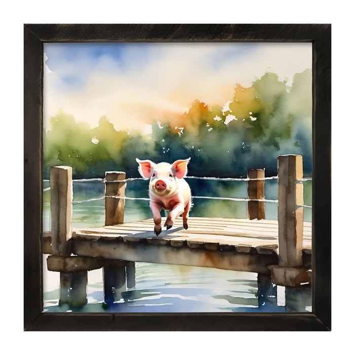 Pig jumping into lake