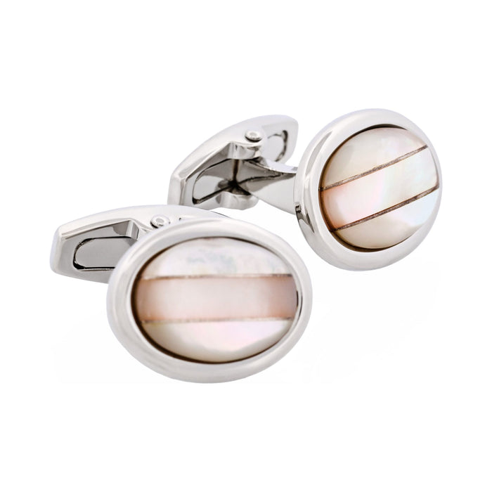 Polished Rhodium Plated Oval White & Pink Mother Of Pearl Cufflinks