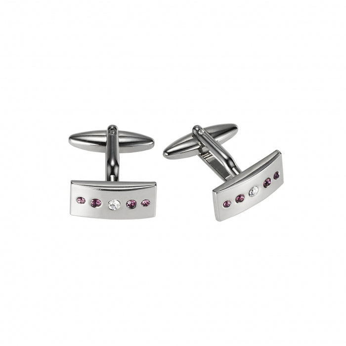 Polished Rhodium Plated Rectangle Cufflinks with Light Purple & White Austrian Crystals