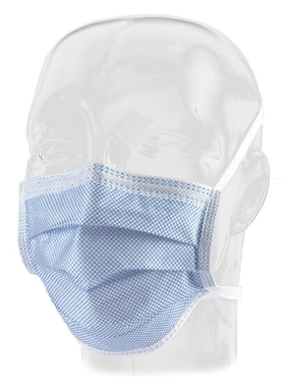 A light-blue surgical mask sits on a mannequin head, covering the face and partially obscuring the ears. The mask is pleated and appears to be made of a lightweight fabric.