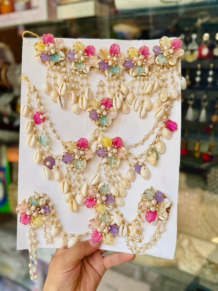 Rainbow Dark Multi Pastel Floral Shell & Pearl Bridal Jewelry Set K101