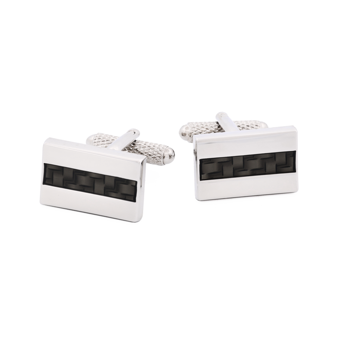 Rhodium Plated Rectangle Carbon Fibre Inlay Cufflinks
