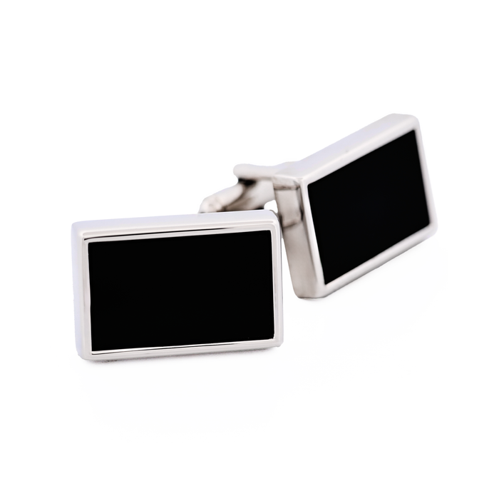 Rhodium Rectangle Black Cufflinks